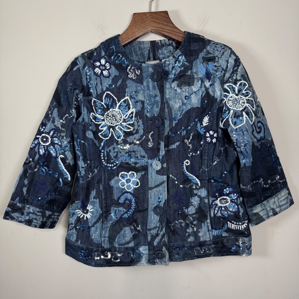 Chico's Denim Adorn Carlton Embroidered Sequined 3/4 Sleeve Jacket Size 1